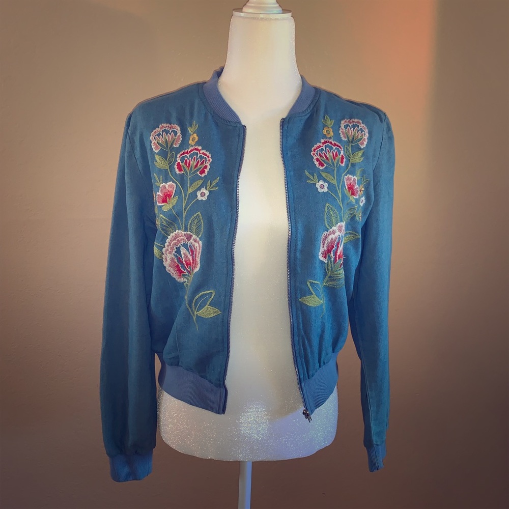 Chambray embroidered bomber jacket